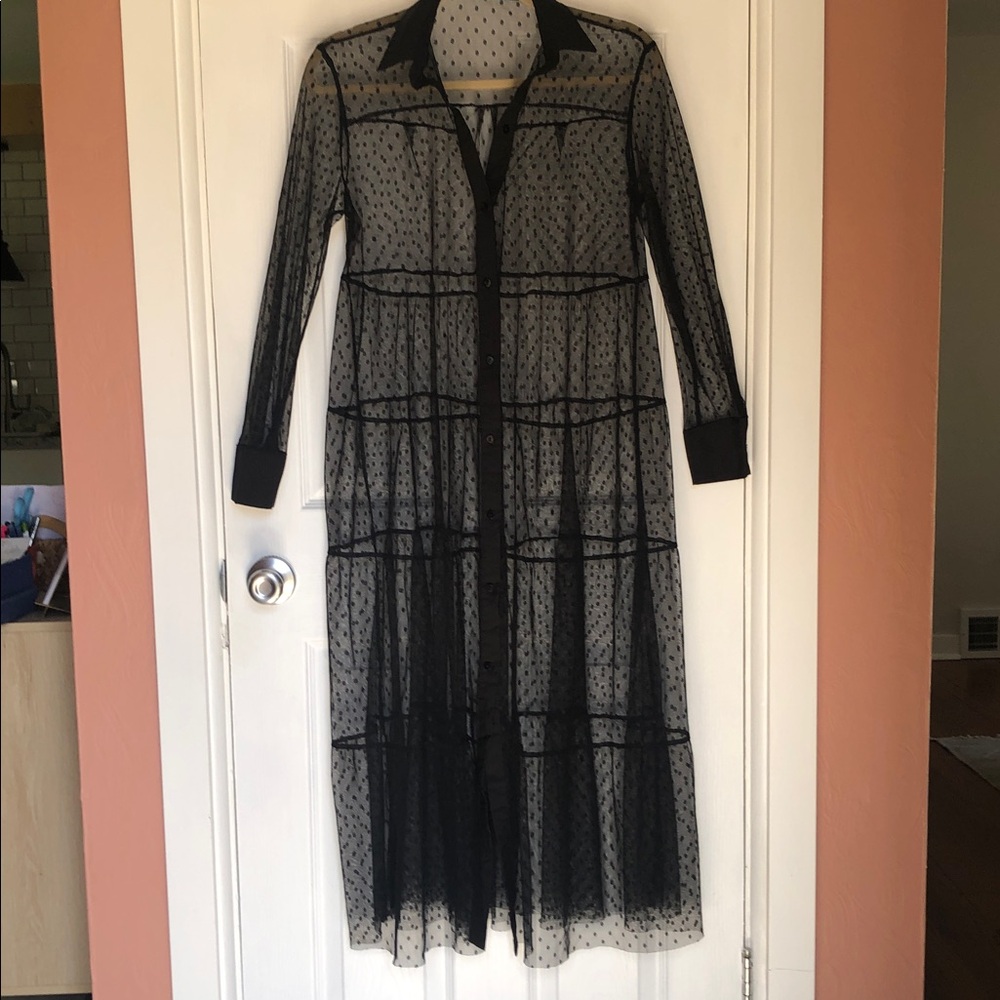 Black Polka Dot Sheer Mesh Fairy Maxi Dress Button Front Tiered - Picture 3 of 7